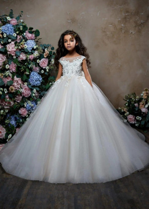Beaded Ivory Lace Tulle Keyhole Back Long Flower Girl Dress